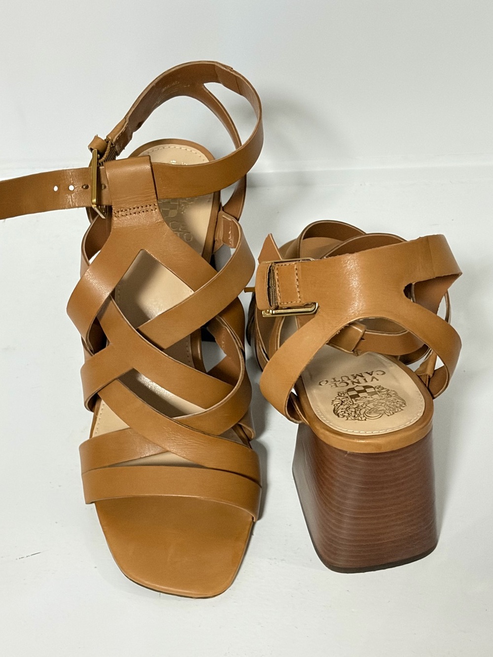 Vince Camuto Sutellie Cognac Leather Strappy Block Heel Sandals 9M / 40